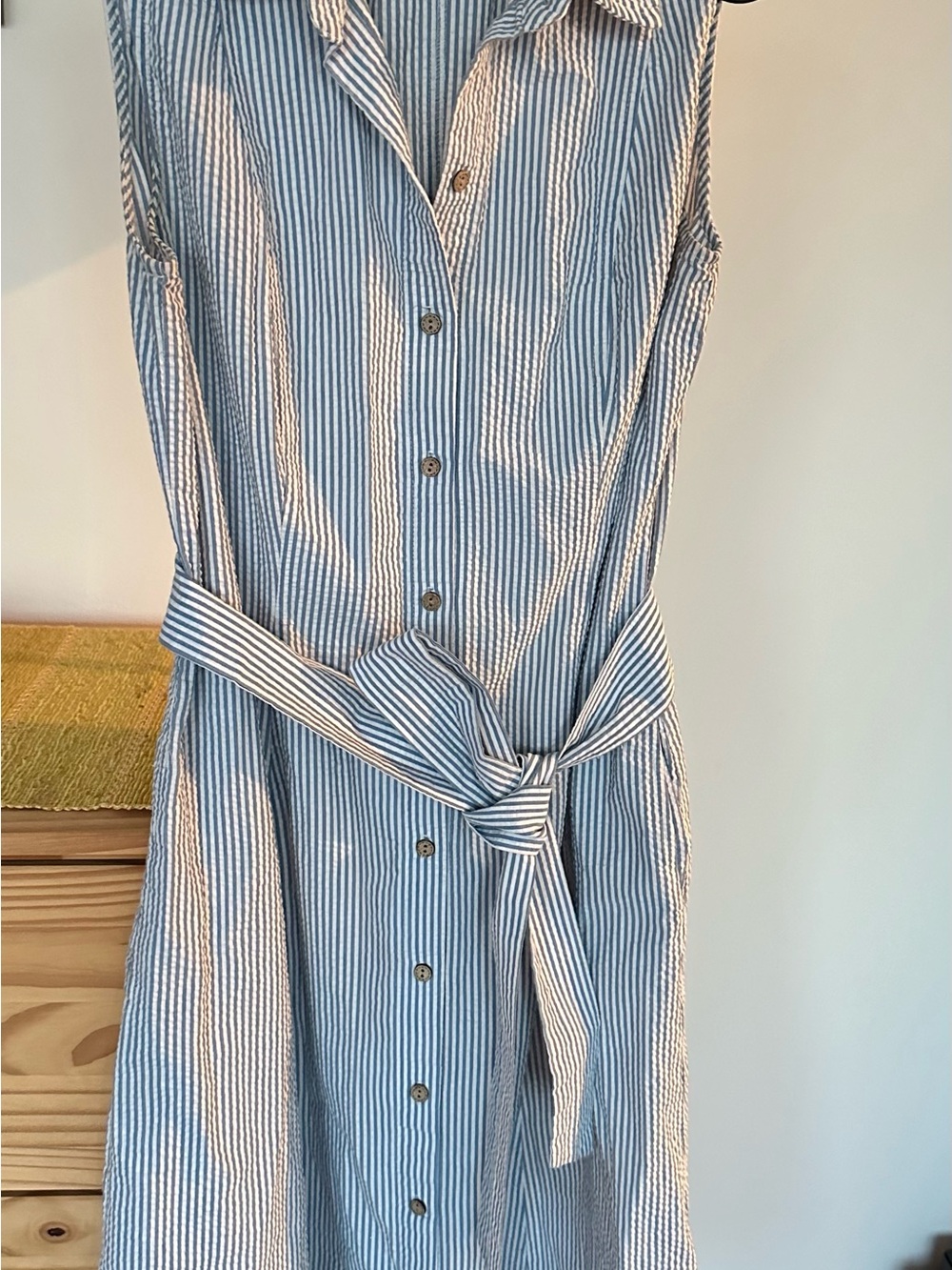 Anne Klein Blue & White Striped Sleeveless Shirt Dress with Tie